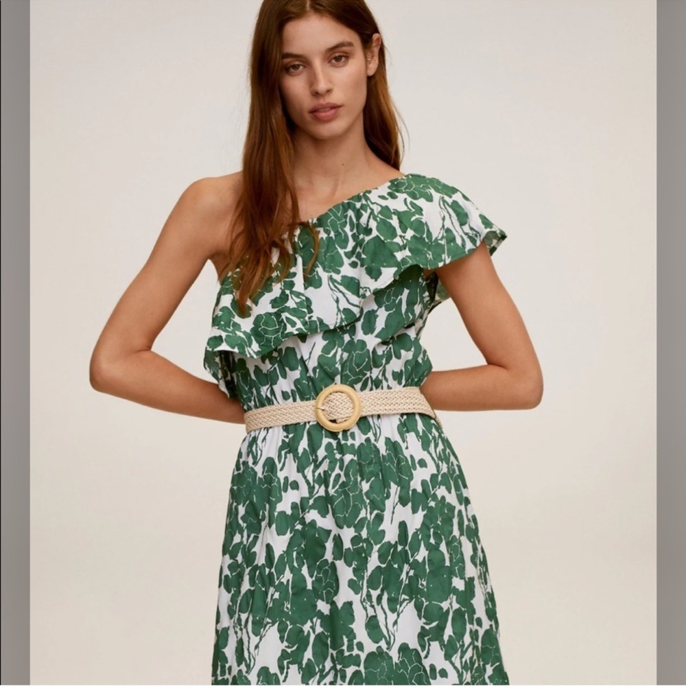 Mango One-Shoulder Green Leaf Dress - Picture 4 of 5